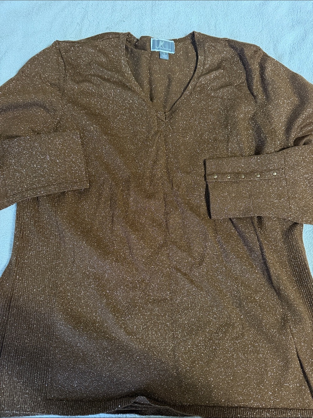 JM Collection Metallic Brown V-Neck Sweater with Studded Cuffs